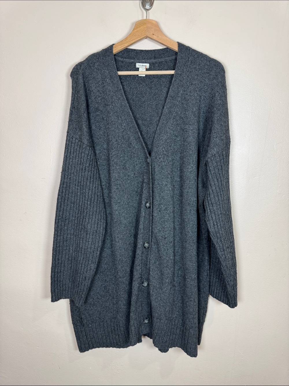 L.L. Bean Womens Cardigan Plus Size 2X Gray Button-Front V-Neck Wool Blend